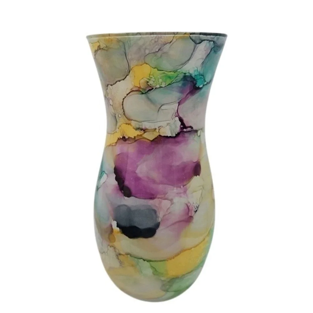 Unique Art Glass Vase Swirls Purple Green Yellow Abstract Design Accent‎ Decor